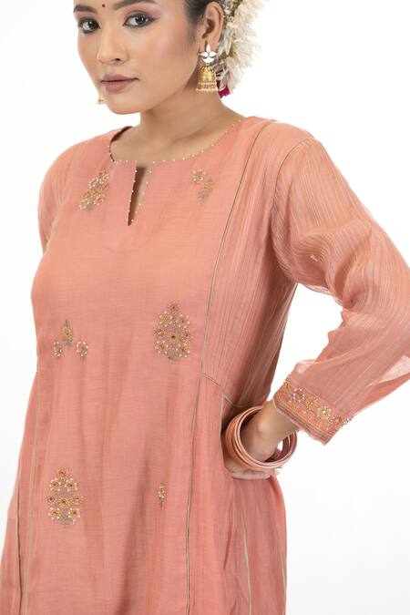 Beige_Peach Chanderi, Cotton Satin Beads, Sequins Thread Embroidered Anarkali Set_Online_at_Aza_Fashions