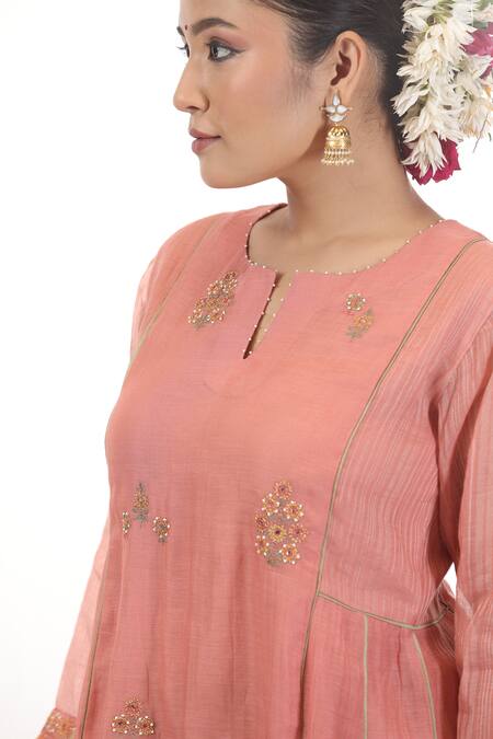 Shop_Beige_Peach Chanderi, Cotton Satin Beads, Sequins Thread Embroidered Anarkali Set_Online_at_Aza_Fashions