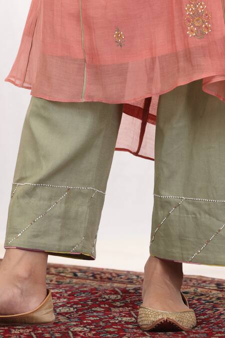 Beige_Peach Chanderi, Cotton Satin Beads, Sequins Thread Embroidered Anarkali Set_at_Aza_Fashions