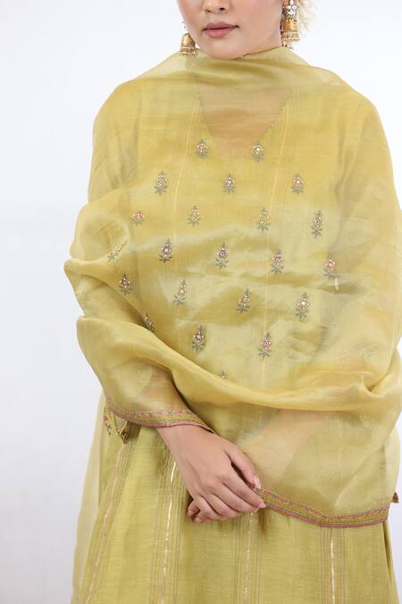 Beige_Yellow Chanderi, Cotton Satin Embroidery, Beads Stripe Thread A-line Kurta Set_Online_at_Aza_Fashions