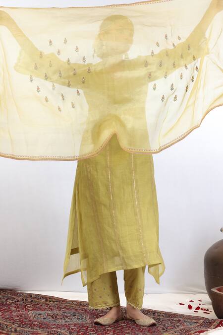 Buy_Beige_Yellow Chanderi, Cotton Satin Embroidery, Beads Stripe Thread A-line Kurta Set_Online_at_Aza_Fashions