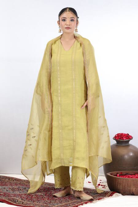 Shop_Beige_Yellow Chanderi, Cotton Satin Embroidery, Beads Stripe Thread A-line Kurta Set_Online_at_Aza_Fashions