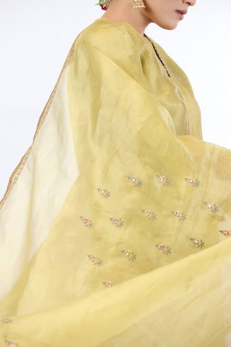 Beige_Yellow Chanderi, Cotton Satin Embroidery, Beads Stripe Thread A-line Kurta Set_at_Aza_Fashions