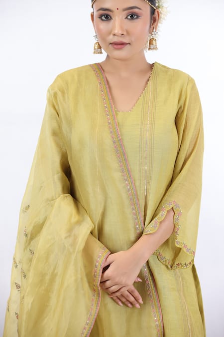 Buy_Beige_Yellow Chanderi, Cotton Satin Embroidery, Beads Stripe Thread A-line Kurta Set