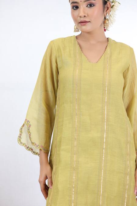 Shop_Beige_Yellow Chanderi, Cotton Satin Embroidery, Beads Stripe Thread A-line Kurta Set