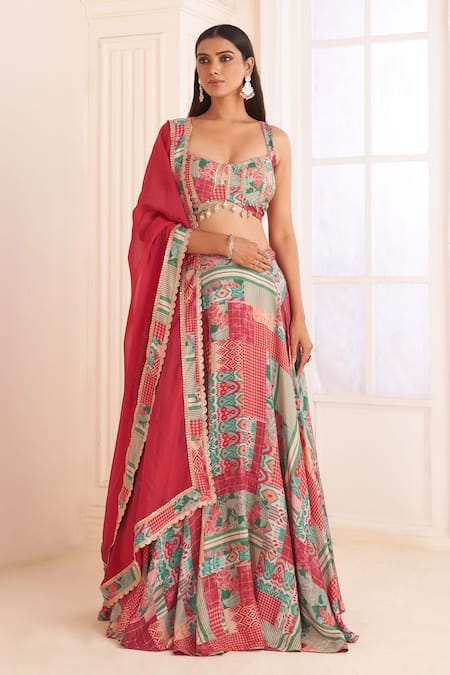 AFFROZ Pink Natural Crepe Printed Scoop Abstract Patch Lehenga Set