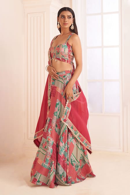Buy_Affroz_Pink Crepe Mirrors, Embroidery Scoop Neck Abstract Patch Print Lehenga Set _Online_at_Aza_Fashions
