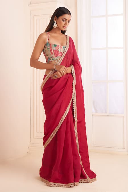 Affroz Pink Organza, Silk Sequins, Embroidery Scoop Scallop Border Saree With Blouse Online at Aza Fashions Affroz_Pink Organza, Silk Sequins, Embroidery Scoop Scallop Border Saree With Blouse _Online_at_Aza_Fashions