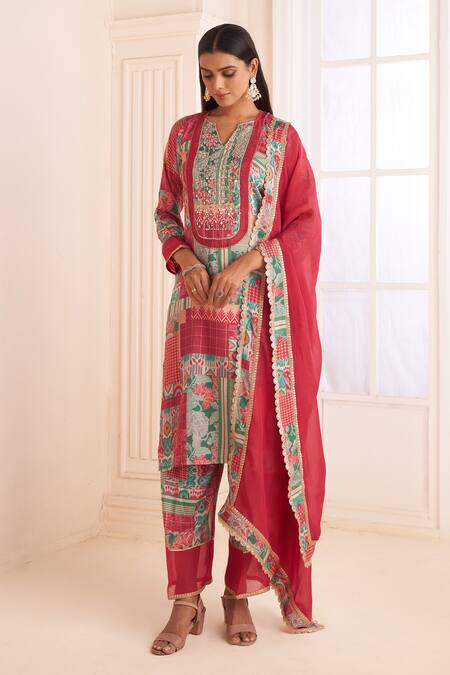 Affroz_Pink Crepe, Chiffon Mirrors, Embroidery, Patchwork Print Straight Kurta Pant Set _Online_at_Aza_Fashions