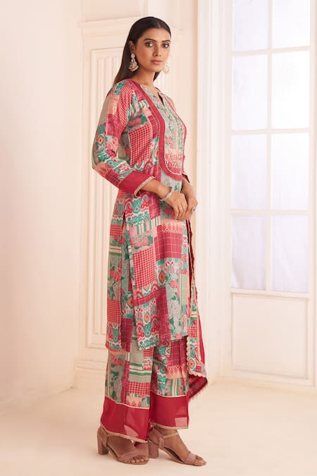 Buy_Affroz_Pink Crepe, Chiffon Mirrors, Embroidery, Patchwork Print Straight Kurta Pant Set _Online_at_Aza_Fashions