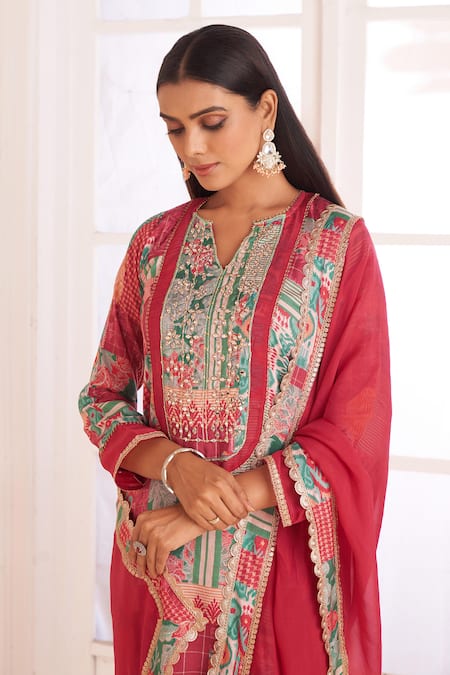 Shop_Affroz_Pink Crepe, Chiffon Mirrors, Embroidery, Patchwork Print Straight Kurta Pant Set _Online_at_Aza_Fashions