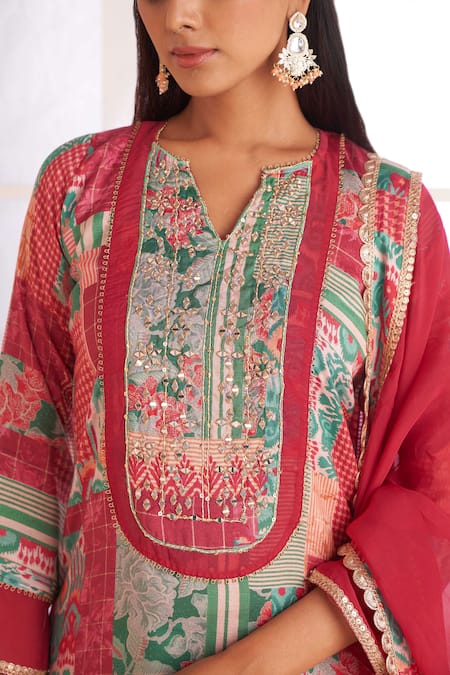 Affroz_Pink Crepe, Chiffon Mirrors, Embroidery, Patchwork Print Straight Kurta Pant Set _at_Aza_Fashions