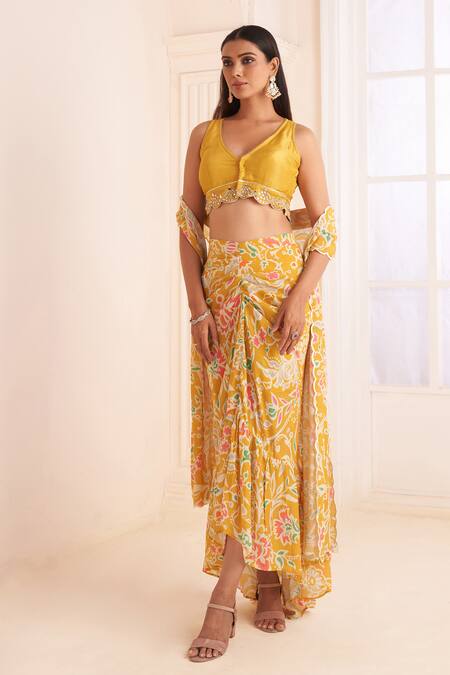 Affroz_Yellow Crepe Mirrors, Embroidery V-neck Floral Printed Draped Skirt Set _Online_at_Aza_Fashions