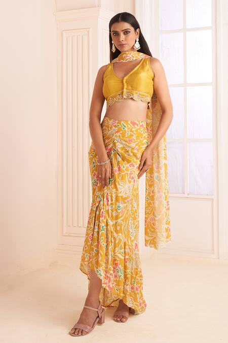 Buy_Affroz_Yellow Crepe Mirrors, Embroidery V-neck Floral Printed Draped Skirt Set _Online_at_Aza_Fashions