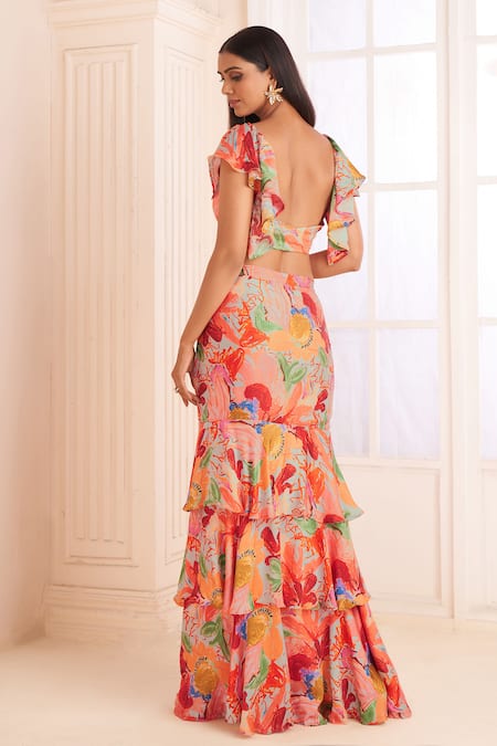 Shop Affroz Pink Modal, Satin Beads Sweetheart Neck Floral Print Slit Skirt Set at Aza Fashions Shop_Affroz_Pink Modal, Satin Beads Sweetheart Neck Floral Print Slit Skirt Set _at_Aza_Fashions