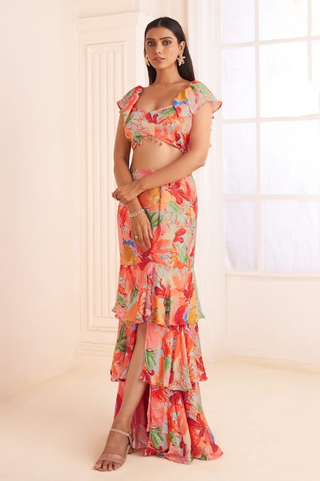 Affroz Pink Modal, Satin Beads Sweetheart Neck Floral Print Slit Skirt Set Online at Aza Fashions Affroz_Pink Modal, Satin Beads Sweetheart Neck Floral Print Slit Skirt Set _Online_at_Aza_Fashions