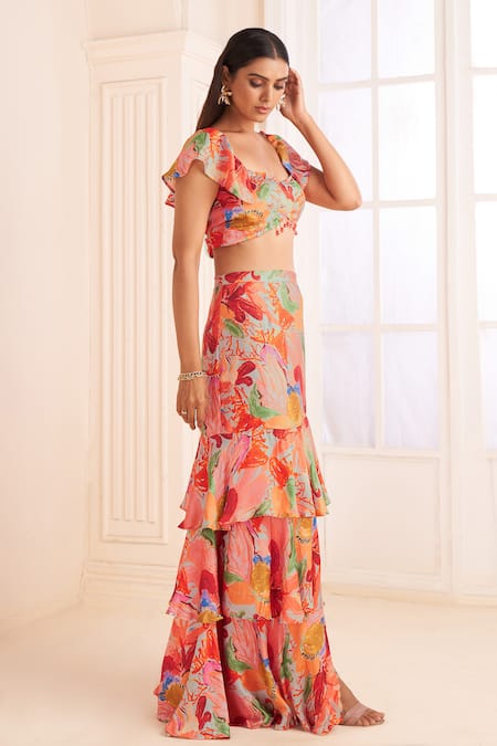 Buy Affroz Pink Modal, Satin Beads Sweetheart Neck Floral Print Slit Skirt Set Online at Aza Fashions Buy_Affroz_Pink Modal, Satin Beads Sweetheart Neck Floral Print Slit Skirt Set _Online_at_Aza_Fashions