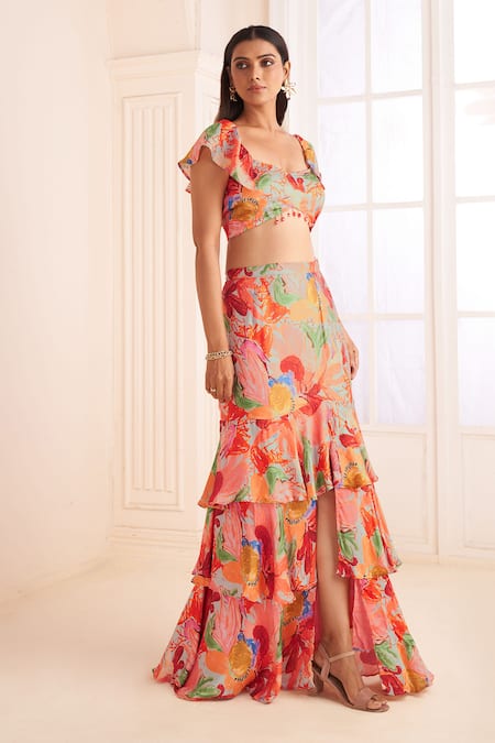 Shop Affroz Pink Modal, Satin Beads Sweetheart Neck Floral Print Slit Skirt Set Online at Aza Fashions Shop_Affroz_Pink Modal, Satin Beads Sweetheart Neck Floral Print Slit Skirt Set _Online_at_Aza_Fashions