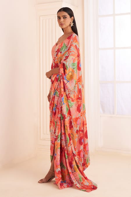 Affroz Pink Modal, Satin Beads Sweetheart Neck Floral Printed Pre-draped Saree Set Online at Aza Fashions Affroz_Pink Modal, Satin Beads Sweetheart Neck Floral Printed Pre-draped Saree Set _Online_at_Aza_Fashions