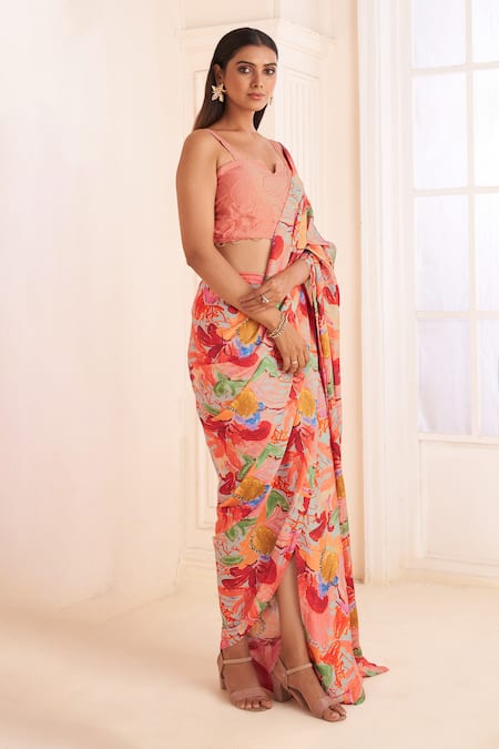 Buy Affroz Pink Modal, Satin Beads Sweetheart Neck Floral Printed Pre-draped Saree Set Online at Aza Fashions Buy_Affroz_Pink Modal, Satin Beads Sweetheart Neck Floral Printed Pre-draped Saree Set _Online_at_Aza_Fashions