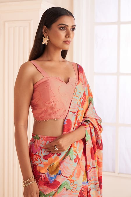 Shop Affroz Pink Modal, Satin Beads Sweetheart Neck Floral Printed Pre-draped Saree Set Online at Aza Fashions Shop_Affroz_Pink Modal, Satin Beads Sweetheart Neck Floral Printed Pre-draped Saree Set _Online_at_Aza_Fashions