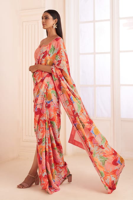 Affroz Pink Modal, Satin Beads Sweetheart Neck Floral Printed Pre-draped Saree Set at Aza Fashions Affroz_Pink Modal, Satin Beads Sweetheart Neck Floral Printed Pre-draped Saree Set _at_Aza_Fashions