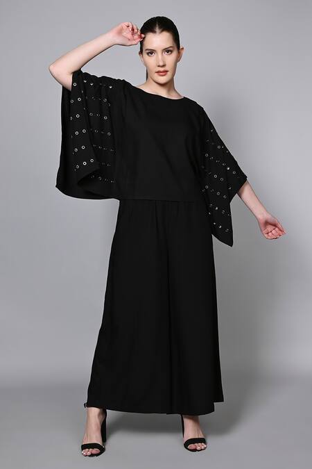 House of Manaa Black Viscose Rayon Embroidery Eyelet Poncho Sleeves Top With Palazzo 