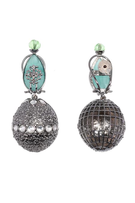 Shop Nayaab By Sonia Silver Plated Stones Aqua Noir Elegance Drop Earrings at Aza Fashions Shop_Nayaab By Sonia_Silver Plated Stones Aqua Noir Elegance Drop Earrings _at_Aza_Fashions