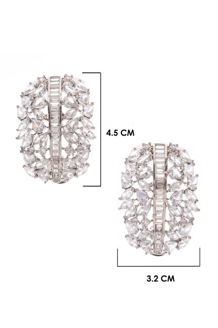 Shop_Nayaab By Sonia_Silver Plated Foil Printing, Diamonds Queens Cascade Faux Embellished Earrings _Online_at_Aza_Fashions