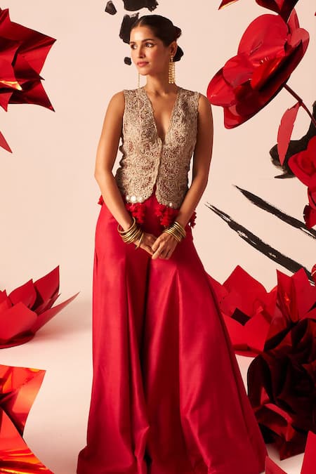 Bhumika Sharma_Red Net, Georgette Embroidery, Tassels V-neck Jacket With Kalidaar Sharara _Online_at_Aza_Fashions