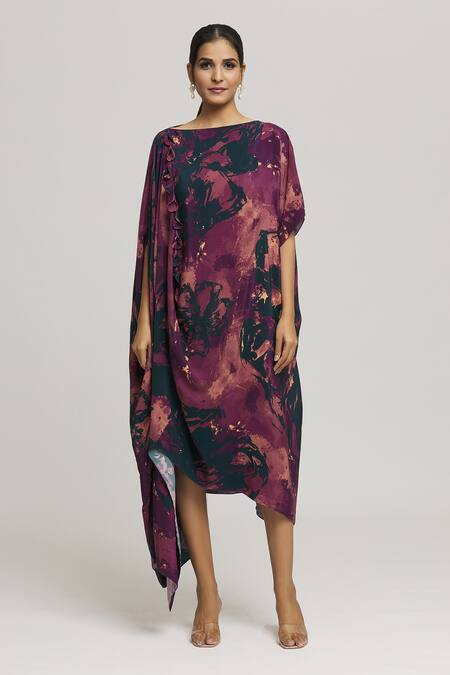 Label Shristi Chetani Multi Color Crepe Tassels Round Neck Urooj Tonal Abstract Print Dress Online at Aza Fashions Label Shristi Chetani_Multi Color Crepe Tassels Round Neck Urooj Tonal Abstract Print Dress_Online_at_Aza_Fashions