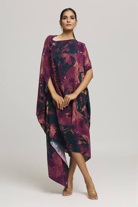 Shop Label Shristi Chetani Multi Color Crepe Tassels Round Neck Urooj Tonal Abstract Print Dress Online at Aza Fashions Shop_Label Shristi Chetani_Multi Color Crepe Tassels Round Neck Urooj Tonal Abstract Print Dress_Online_at_Aza_Fashions