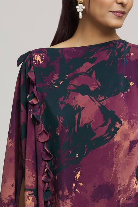 Label Shristi Chetani Multi Color Crepe Tassels Round Neck Urooj Tonal Abstract Print Dress at Aza Fashions Label Shristi Chetani_Multi Color Crepe Tassels Round Neck Urooj Tonal Abstract Print Dress_at_Aza_Fashions