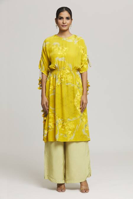 Shop_Label Shristi Chetani_Yellow Crepe Round Neck Rangat Abstract Print Flared Kurta With Pant_Online_at_Aza_Fashions