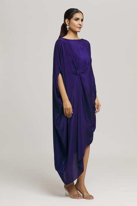 Label Shristi Chetani_Blue Crepe Boat Neck Muskan Solid Draped Dress _Online_at_Aza_Fashions