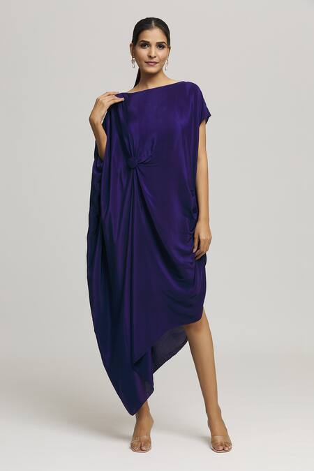 Buy_Label Shristi Chetani_Blue Crepe Boat Neck Muskan Solid Draped Dress _Online_at_Aza_Fashions