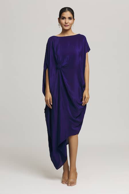Label Shristi Chetani_Blue Crepe Boat Neck Muskan Solid Draped Dress _at_Aza_Fashions