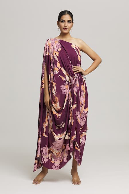 LABEL SHRISTI CHETANI Purple Crepe Printed Abstract One Shoulder Maaya Brushstroke Dress 