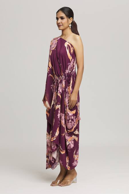 Label Shristi Chetani_Purple Crepe One Shoulder Maaya Brushstroke Print Dress _Online_at_Aza_Fashions