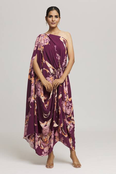 Buy_Label Shristi Chetani_Purple Crepe One Shoulder Maaya Brushstroke Print Dress _Online_at_Aza_Fashions