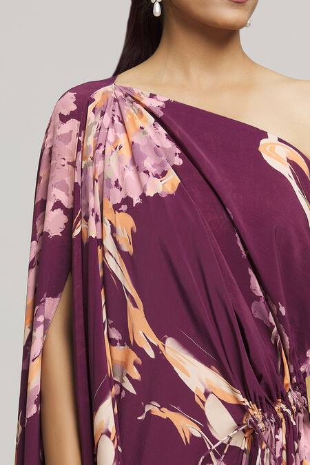 Label Shristi Chetani_Purple Crepe One Shoulder Maaya Brushstroke Print Dress _at_Aza_Fashions