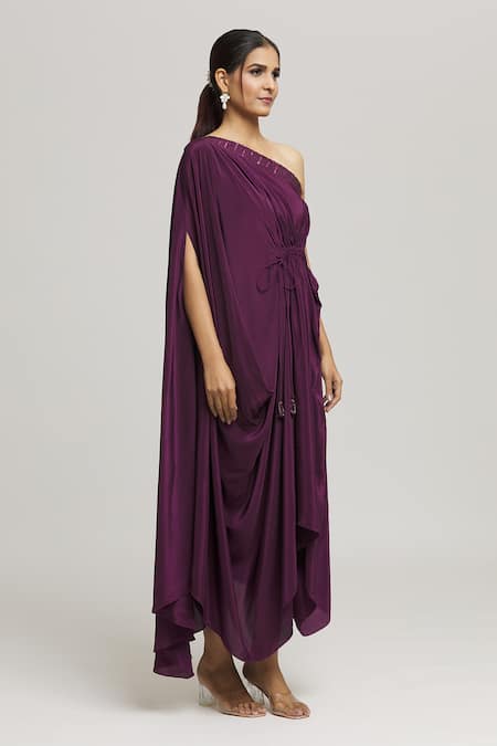 Label Shristi Chetani Purple Crepe Beads One Shoulder Mohini Solid Draped Dress Online at Aza Fashions Label Shristi Chetani_Purple Crepe Beads One Shoulder Mohini Solid Draped Dress _Online_at_Aza_Fashions