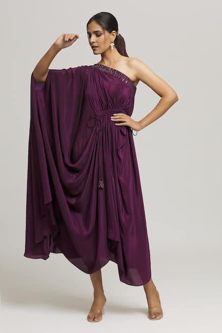 Buy Label Shristi Chetani Purple Crepe Beads One Shoulder Mohini Solid Draped Dress Online at Aza Fashions Buy_Label Shristi Chetani_Purple Crepe Beads One Shoulder Mohini Solid Draped Dress _Online_at_Aza_Fashions