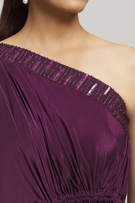 Shop Label Shristi Chetani Purple Crepe Beads One Shoulder Mohini Solid Draped Dress Online at Aza Fashions Shop_Label Shristi Chetani_Purple Crepe Beads One Shoulder Mohini Solid Draped Dress _Online_at_Aza_Fashions