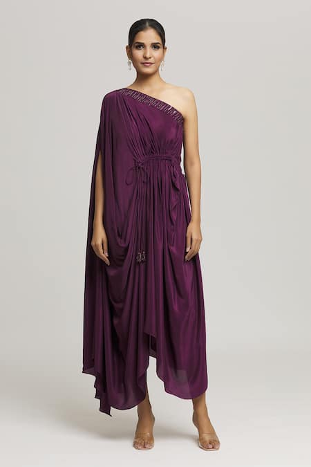 Label Shristi Chetani Purple Crepe Beads One Shoulder Mohini Solid Draped Dress at Aza Fashions Label Shristi Chetani_Purple Crepe Beads One Shoulder Mohini Solid Draped Dress _at_Aza_Fashions