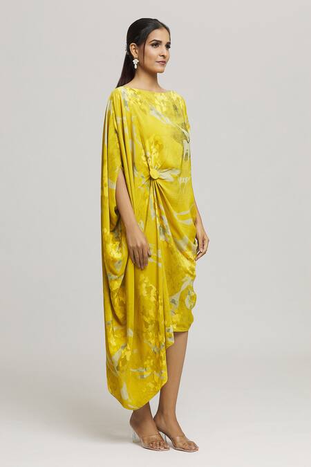 Label Shristi Chetani_Yellow Crepe Boat Neck Ulas Splatter Print Dress_Online_at_Aza_Fashions