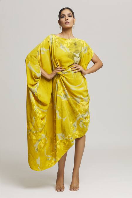 Buy_Label Shristi Chetani_Yellow Crepe Boat Neck Ulas Splatter Print Dress_Online_at_Aza_Fashions