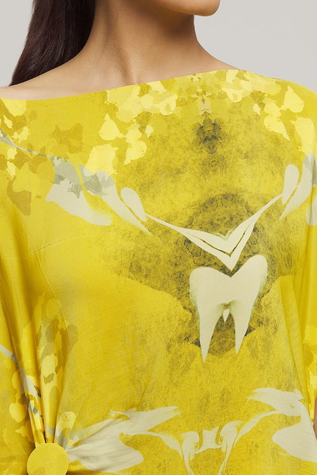 Shop_Label Shristi Chetani_Yellow Crepe Boat Neck Ulas Splatter Print Dress_Online_at_Aza_Fashions