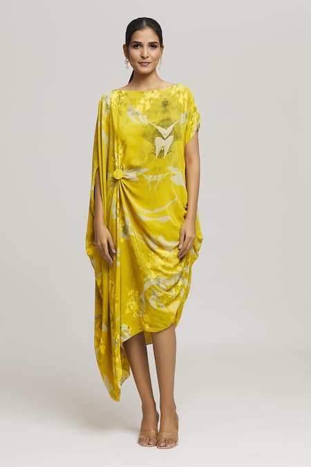 Label Shristi Chetani_Yellow Crepe Boat Neck Ulas Splatter Print Dress_at_Aza_Fashions