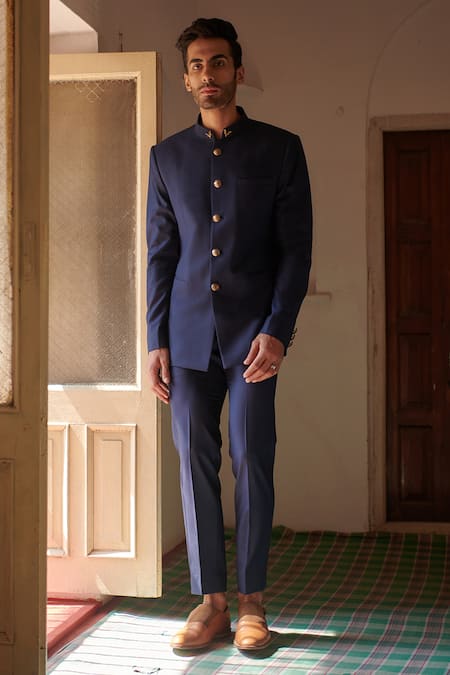 Philocaly Plain Blue Bandhgala Set 